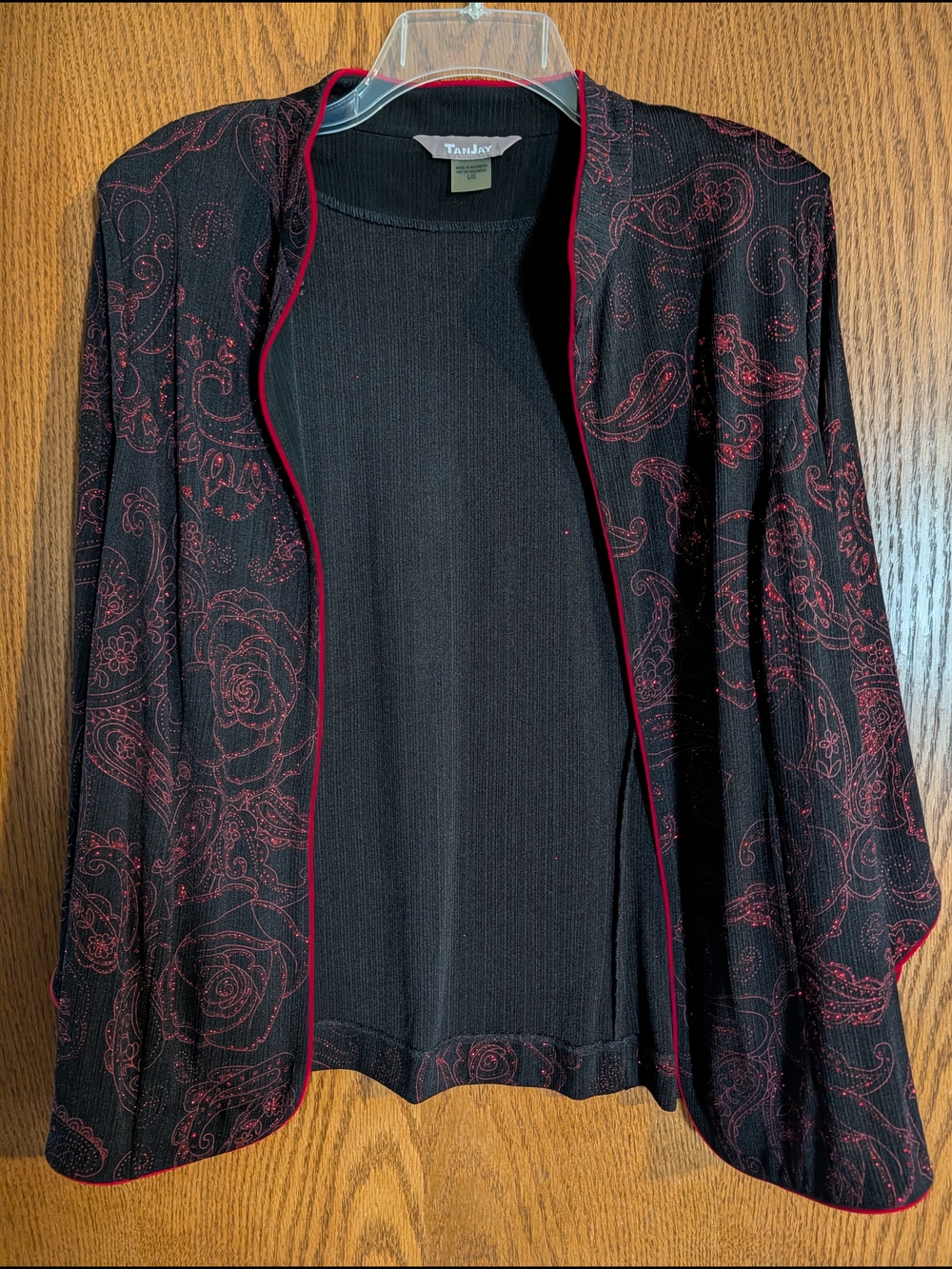 TanJay Black Cardigan with Red Paisley Trim and Piping